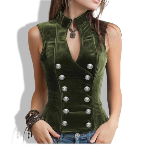 Private Label Jackets & Blazers - NEW Y2K Boho SZ S Velvet Green Military Double-Breast Button-Up Vintage Vest Top